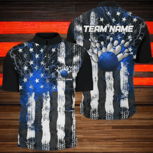 Blue Lightning American Flag Custom Unisex Bowling Team Jerseys, Patriotic Bowling Team Shirts IPHW6177