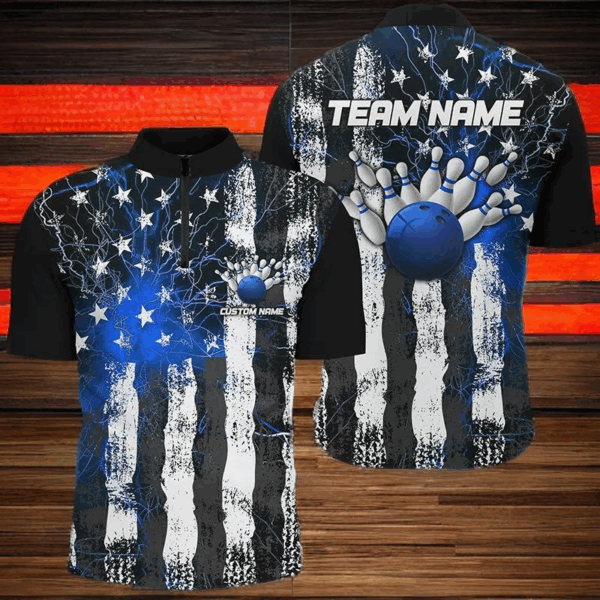 Blue Lightning American Flag Custom Unisex Bowling Team Jerseys, Patriotic Bowling Team Shirts IPHW6177