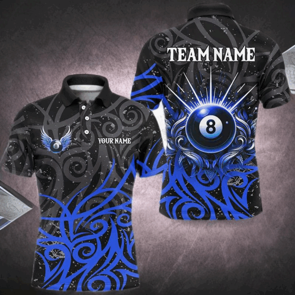 Blue 8 Ball Pool Wings Swirl Pattern Custom Billiard Shirts For Men Unique Billiard Jerseys TDM2943