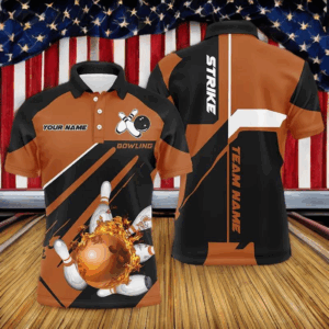 Black and orange Bowling polo shirt for men Custom flame bowling ball and pins polo uniform shirts NQS7309