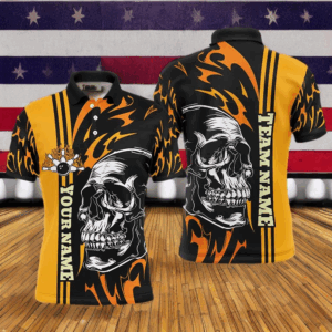 Mens Bowling polo shirts Custom black and yellow flame skull Bowling ball and pins Team league Jerseys NQS7275