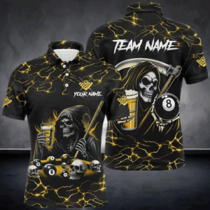 Yellow Funny Death Skeleton & Beer Billiard Shirts For Men Custom 8 Ball Lightning Billiard Jerseys TDM2939