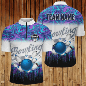 Men bowling Quarter Zip shirt Custom blue purple marble pattern bowling Team Jerseys, gift for bowlers NQS7141