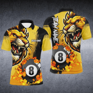 Yellow Funny 8 Ball Pool Flame Custom Lion Billiard Polo & 1/4 Zip Shirts For Men Billiard Jerseys TDM2937