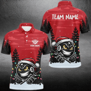 Personalized Red Christmas Santa 8 Ball Pool Billiard Shirts For Men, Funny Xmas Billiard Jerseys TDM2932