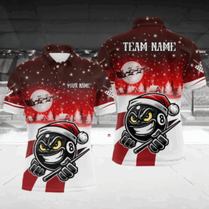 Personalized Red Christmas Funny 8 Ball Pool Billiard Shirts For Men Christmas Billiard Jerseys TDM2925