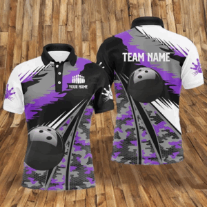 Mens polo bowling shirts Custom black ball purple camo Bowling Team Jersey, gift for Bowlers NQS6572