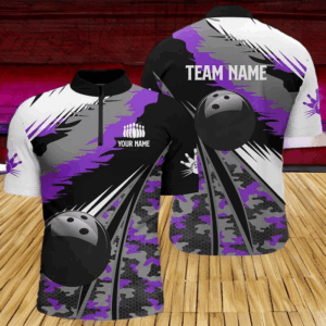 Men's bowling Quarter Zip shirts Custom black ball purple camo Bowling Team Jersey, gift for Bowlers NQS6572