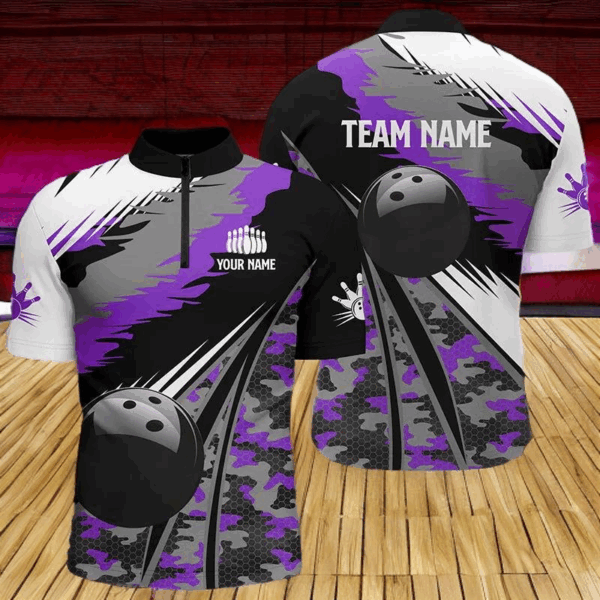 Men's bowling Quarter Zip shirts Custom black ball purple camo Bowling Team Jersey, gift for Bowlers NQS6572