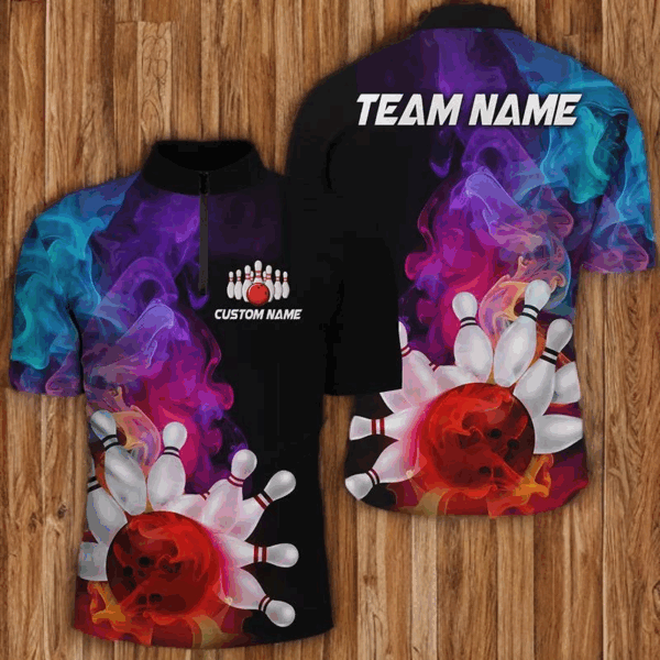 Colorful Bowling Quarter Zip Shirts For Men Smoke Bowling Jerseys Bowling Team Shirts IPHW5403