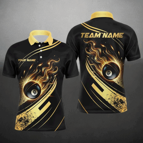 Personalized Black Golden 8 Ball Pool Fire Billiard Shirts For Men Team League Billiard Jerseys TDM2913