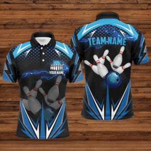 Black Men Bowling Polo Shirt Custom blue lightning team Mens Bowlers Jerseys bowling outfits NQS6506