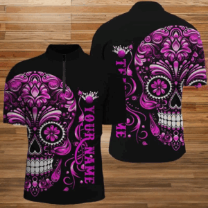 Pink Sugar Skull Tattoo Custom Unisex Bowling Quarter Zip Shirts, Halloween Team Bowling Jerseys IPHW5244