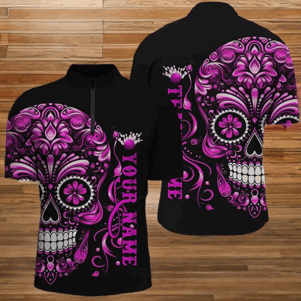 Pink Sugar Skull Tattoo Custom Unisex Bowling Quarter Zip Shirts, Halloween Team Bowling Jerseys IPHW5244