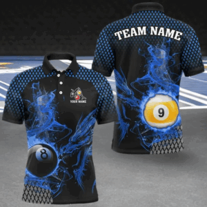 Blue Billiard 8 Ball & 9 Ball Flame Smoke Custom Dragon Billiard Shirt For Men Billiard Team Jersey TDM2908