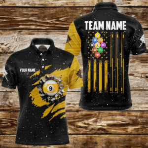 Yellow Black Grunge American Flag 9 Ball Pool Men Billiard Shirt Custom 9 Ball Billiard Team Jersey TDM3502