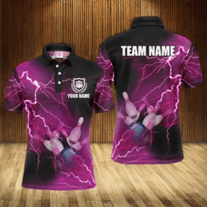 Mens polo bowling shirts Custom pink lightning thunder Bowling Team Jersey, gift for team Bowlers NQS6379