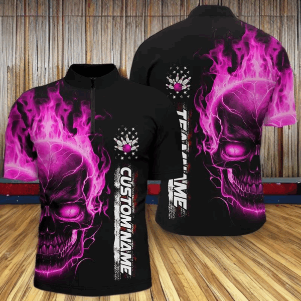 Flame Skull American Flag Custom Team Bowling Shirts For Men, Patriotic Bowling Shirt IPHW5156
