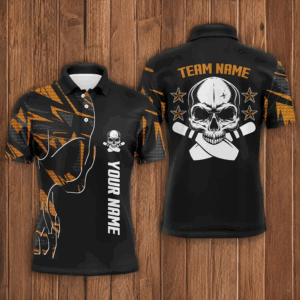 Orange camo black Bowling polo shirts for men custom team name Skull Bowling, team bowling shirts NQS6184