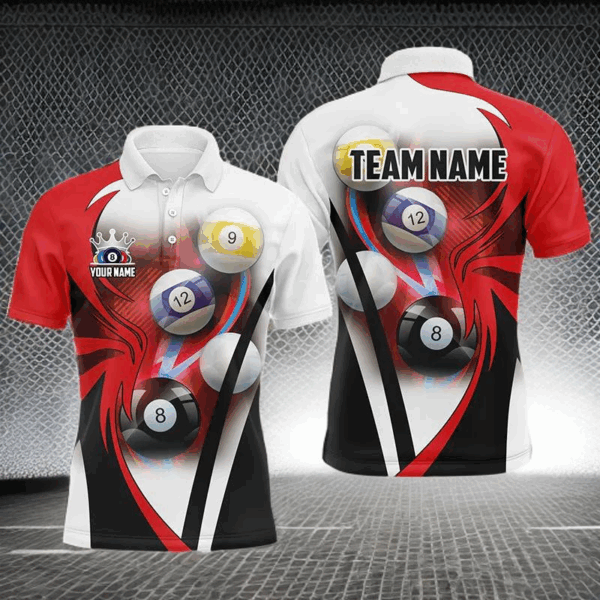 Personalized Billiard Tournament Shirts For Men Custom Team Name Billiard Balls Pool Jerseys |Red TDM2890