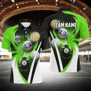 Personalized Billiard Tournament Shirts For Men Custom Team Name Billiard Balls Pool Jerseys |Green TDM2889