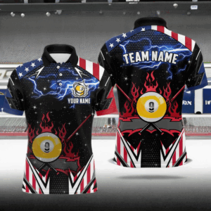 9 Ball Pool Billiard Jerseys Custom Lightning American Flag Men Billiard Shirts, 9 Ball Team Shirts TDM2867