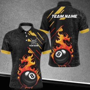 Funny 8 Ball Pool Flame Billiard Jerseys Custom Polo & 1/4 Zip For Men, Billiard Team Shirts TDM2886