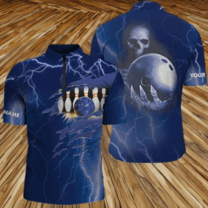 Personalized bowling Quarter-Zip shirt for men blue lightning Custom name Team skull bowling Jerseys NQS6022