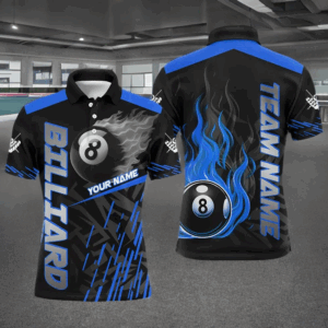 Blue 8 Ball Pool Flame 3D Billiard Shirts For Men, Billiard League Jersey Custom Pool Team Shirts TDM2875