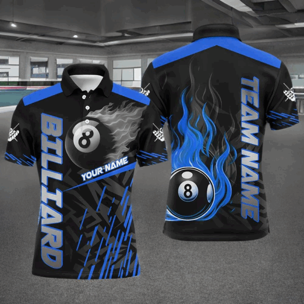 Blue 8 Ball Pool Flame 3D Billiard Shirts For Men, Billiard League Jersey Custom Pool Team Shirts TDM2875