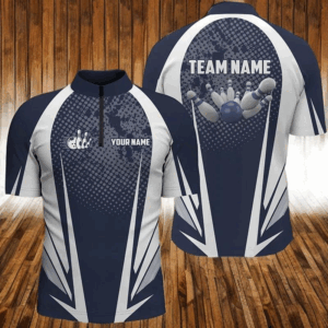 Men's Bowling Quarter-Zip Shirt Custom bowling ball and pins Navy and white team Men Bowlers Jerseys NQS5964
