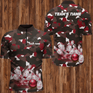 Red Camo Bowling Shirts For Men Custom Bowling Quarter-Zip Shirt Team Bowling Jerseys BDT247