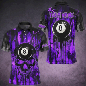 Personalized Black And Purple 8 Ball Melting Men Billiard Shirts, Grunge Skull Billiard Jerseys TDM2865