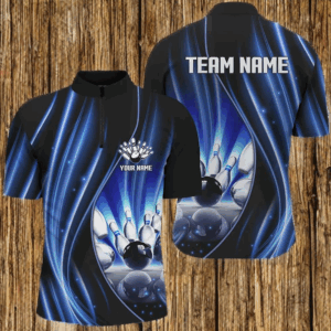 Blue and black light Mens bowling Quarter Zip Shirt Custom league jerseys, personalized bowling gift NQS7082