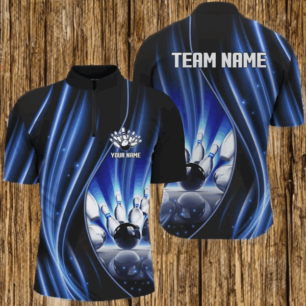 Blue and black light Mens bowling Quarter Zip Shirt Custom league jerseys, personalized bowling gift NQS7082