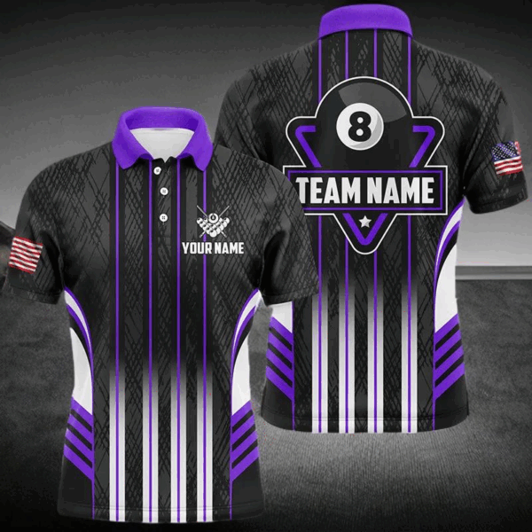 Personalized Purple 8 Ball Pool Billiard Jerseys For Men, Billiard League Team Polo & 1/4 Zip Shirt TDM2864