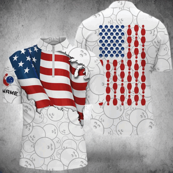 Patriotic Men's Bowling Shirt Quarter-Zip, American Flag Custom Name Bowlers Jersey Short Sleeve NQS5794