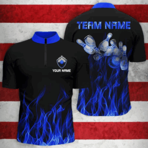 Personalized Men Quarter Zip Bowling Shirt Blue Flame Bowling Ball and Pins bowling jerseys for Bowler NQS5488