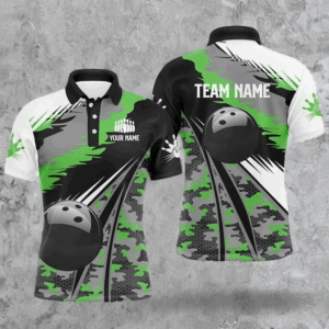 Mens polo bowling shirts Custom black ball green camo Bowling Team Jersey, gift for Bowlers NQS5422