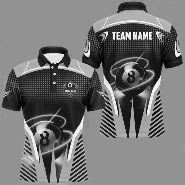 Personalized Black White Swirling Light 8 Ball Men Billiard Shirts, Billiard League Pool Jerseys TDM2857
