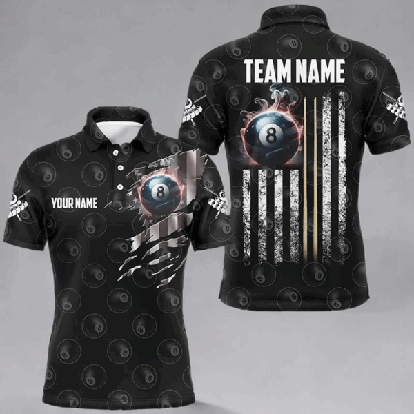 Retro American Flag 8 Ball Pool Smoke Custom Men Billiard Shirts, Patriotic Billiard Jerseys |Black TDM2853