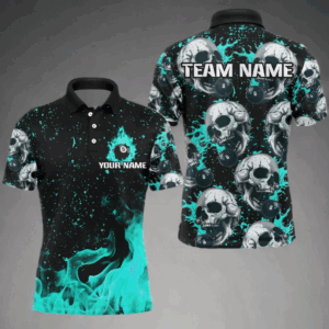 Custom Turquoise Billiard Skull Fire 8 Ball Men Polo & Quarter-Zip Shirts, Grunge Pool Team Jerseys TDM2830