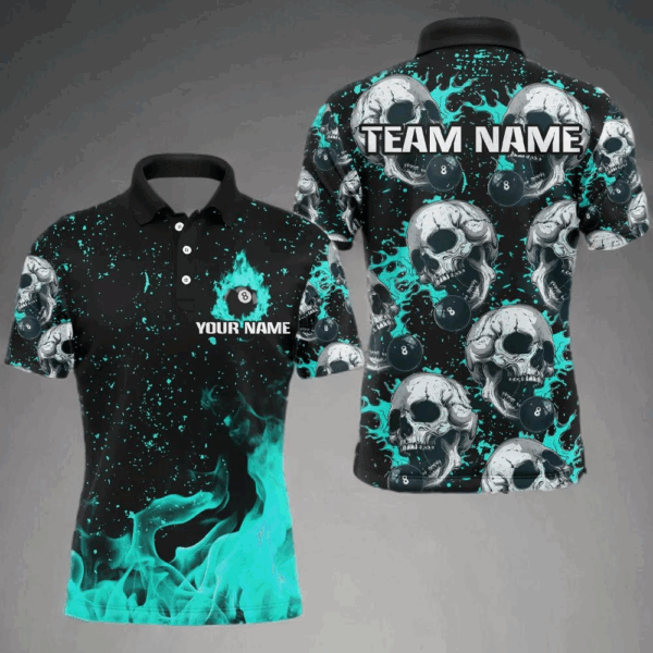 Custom Turquoise Billiard Skull Fire 8 Ball Men Polo & Quarter-Zip Shirts, Grunge Pool Team Jerseys TDM2830