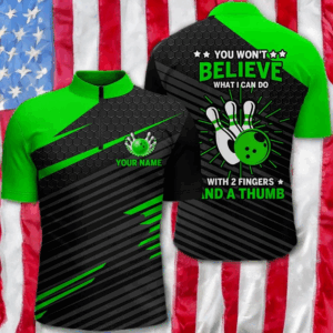 Funny Bowling Shirt for Men, Green & Black Custom Bowling Jersey Quarter-Zip, 2 Fingers and A Thumb NBZ169