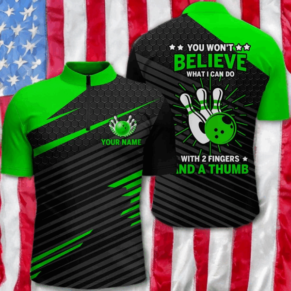 Funny Bowling Shirt for Men, Green & Black Custom Bowling Jersey Quarter-Zip, 2 Fingers and A Thumb NBZ169