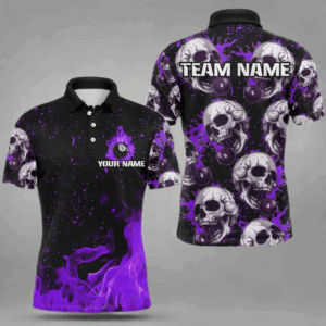 Custom Purple Billiard Skull Fire 8 Ball Men Polo & Quarter-Zip Shirts, Grunge Pool Team Jerseys TDM2829