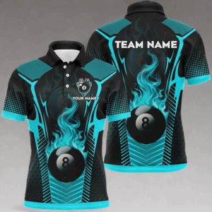 Turquoise 8 Ball Pool Fire Flame Custom 3D Billiard Shirts For Men, Billiard Sport Team Jerseys TDM2847