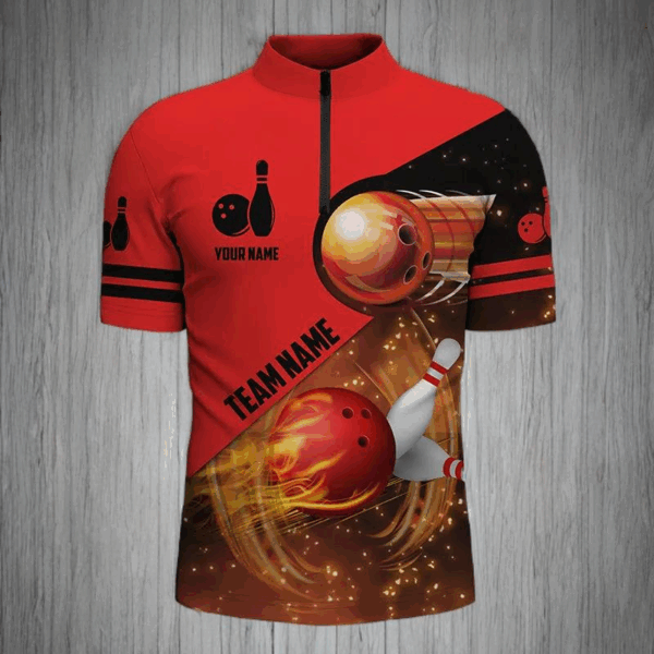 Men Quarter Zip Custom Red Flame Bowling Shirts For Men, Bowling Team Quarter Zip Shirts Flaming Bowling Ball IPHW3805