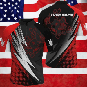Red & black bowling balls and pins customizable bowling Quarter Zip shirts for men, bowling jerseys NQS4847