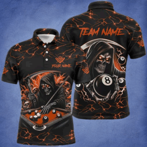 Orange Funny Death Skeleton 8 Ball Pool Men Billiard Shirts Custom Name Lightning Billiard Jerseys TDM2828